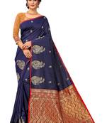 Navy Blue Woven Silk Blend Saree With Blouse