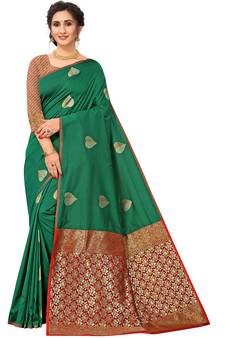Dark Green Woven Silk Blend Saree With Blouse