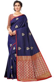 Navy Blue Woven Silk Blend Saree With Blouse
