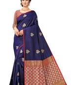 Navy Blue Woven Silk Blend Saree With Blouse