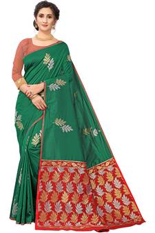 Dark Green Woven Silk Blend Saree With Blouse