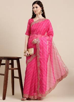 Pink Organza Saree With Blouse Piece 2