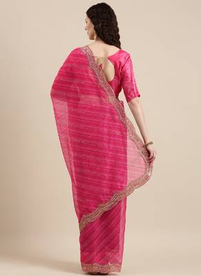 Pink Organza Saree With Blouse Piece 4