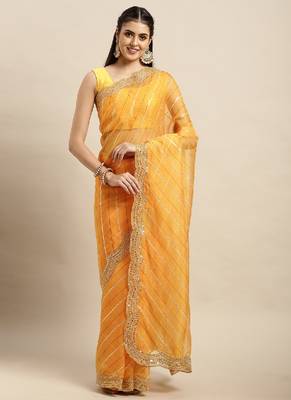 Yellow organza saree with blouse piece 1