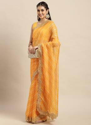 Yellow organza saree with blouse piece 2