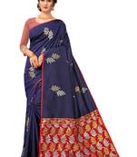 Navy Blue Woven Silk Blend Saree With Blouse