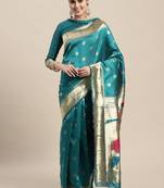 Teal Banarasi silk blend saree with blouse piece