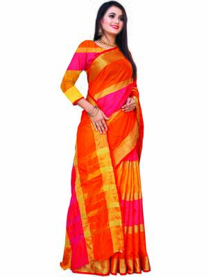 Red Woven Cotton Saree With Blouse 5