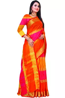 Red Woven Cotton Saree With Blouse