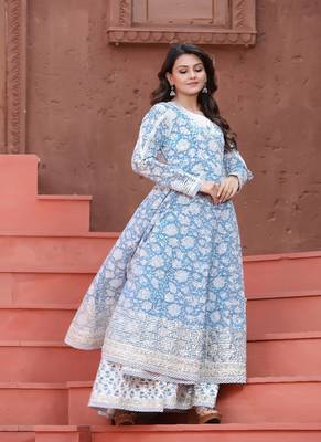 Blue Angrakha Handblock Dress with Long Linner 1