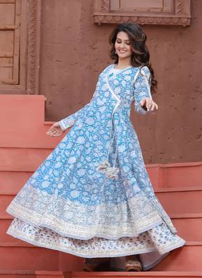 Blue Angrakha Handblock Dress with Long Linner 2