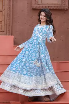Blue Angrakha Handblock Dress with Long Linner