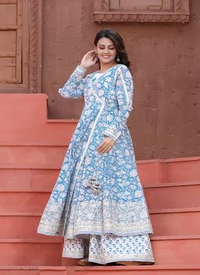 Blue Angrakha Handblock Dress with Long Linner 3