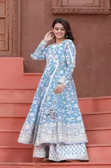 Blue Angrakha Handblock Dress with Long Linner