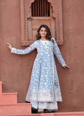 Blue Angrakha Handblock Dress with Long Linner 4