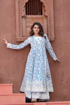 Blue Angrakha Handblock Dress with Long Linner