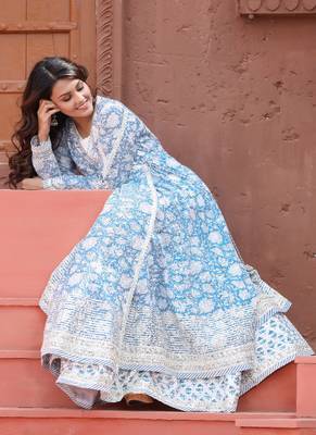 Blue Angrakha Handblock Dress with Long Linner 5