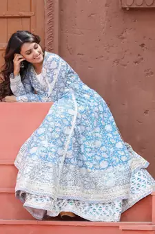 Blue Angrakha Handblock Dress with Long Linner