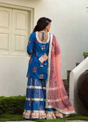 Flower Print Cotton Short Kurta With Sharara And Potli 1