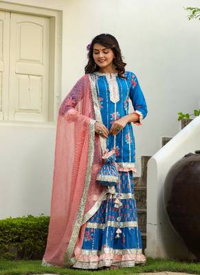 Flower Print Cotton Short Kurta With Sharara And Potli 2