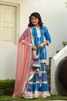 Flower Print Cotton Short Kurta With Sharara And Potli