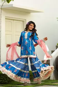Flower Print Cotton Short Kurta With Sharara And Potli