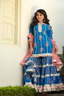 Flower Print Cotton Short Kurta With Sharara And Potli