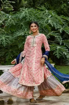 Pink & White Sharara Set with Potli