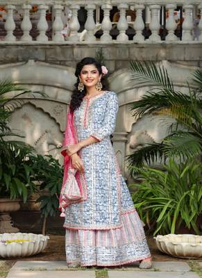 Blue & White Sharara Set with Potli 1