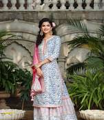 Blue & White Sharara Set with Potli