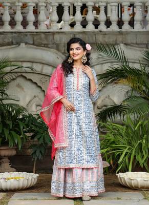 Blue & White Sharara Set with Potli 2