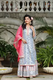 Blue & White Sharara Set with Potli