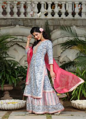 Blue & White Sharara Set with Potli 3