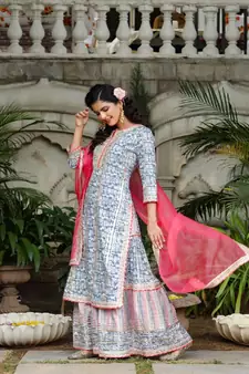Blue & White Sharara Set with Potli