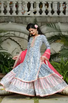 Blue & White Sharara Set with Potli