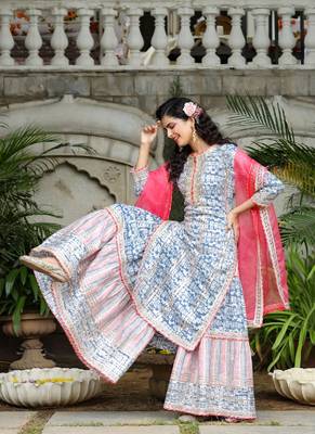 Blue & White Sharara Set with Potli 5