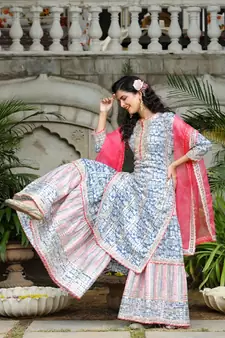 Blue & White Sharara Set with Potli