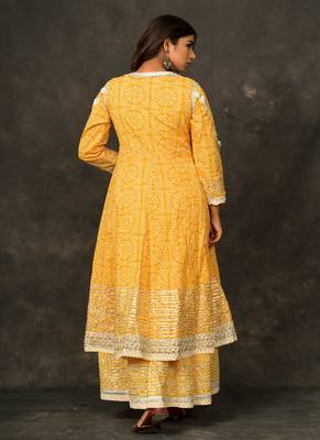 MANGO Yellow Angrakha DOUBLE LAYER PRINTED COTTON Dress with Long Linner with Potli 2