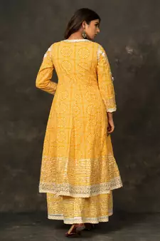 MANGO Yellow Angrakha DOUBLE LAYER PRINTED COTTON Dress with Long Linner with Potli