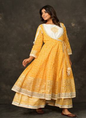 MANGO Yellow Angrakha DOUBLE LAYER PRINTED COTTON Dress with Long Linner with Potli 3