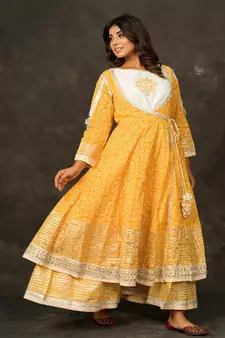 MANGO Yellow Angrakha DOUBLE LAYER PRINTED COTTON Dress with Long Linner with Potli