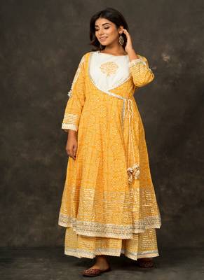 MANGO Yellow Angrakha DOUBLE LAYER PRINTED COTTON Dress with Long Linner with Potli 1