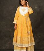 MANGO Yellow Angrakha DOUBLE LAYER PRINTED COTTON Dress with Long Linner with Potli