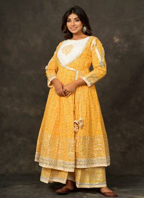 MANGO Yellow Angrakha DOUBLE LAYER PRINTED COTTON Dress with Long Linner with Potli 4