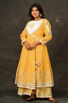 MANGO Yellow Angrakha DOUBLE LAYER PRINTED COTTON Dress with Long Linner with Potli