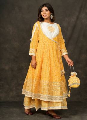 MANGO Yellow Angrakha DOUBLE LAYER PRINTED COTTON Dress with Long Linner with Potli 5