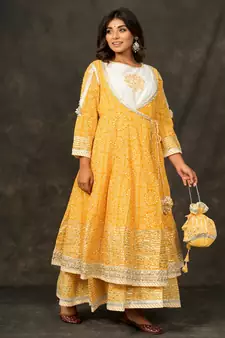 MANGO Yellow Angrakha DOUBLE LAYER PRINTED COTTON Dress with Long Linner with Potli