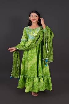 Green Anarkhali Bandej Print With Duppata