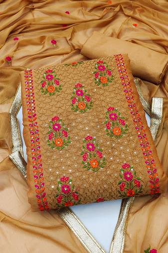 Mustard Chanderi Sequin Embroidered Dress Material