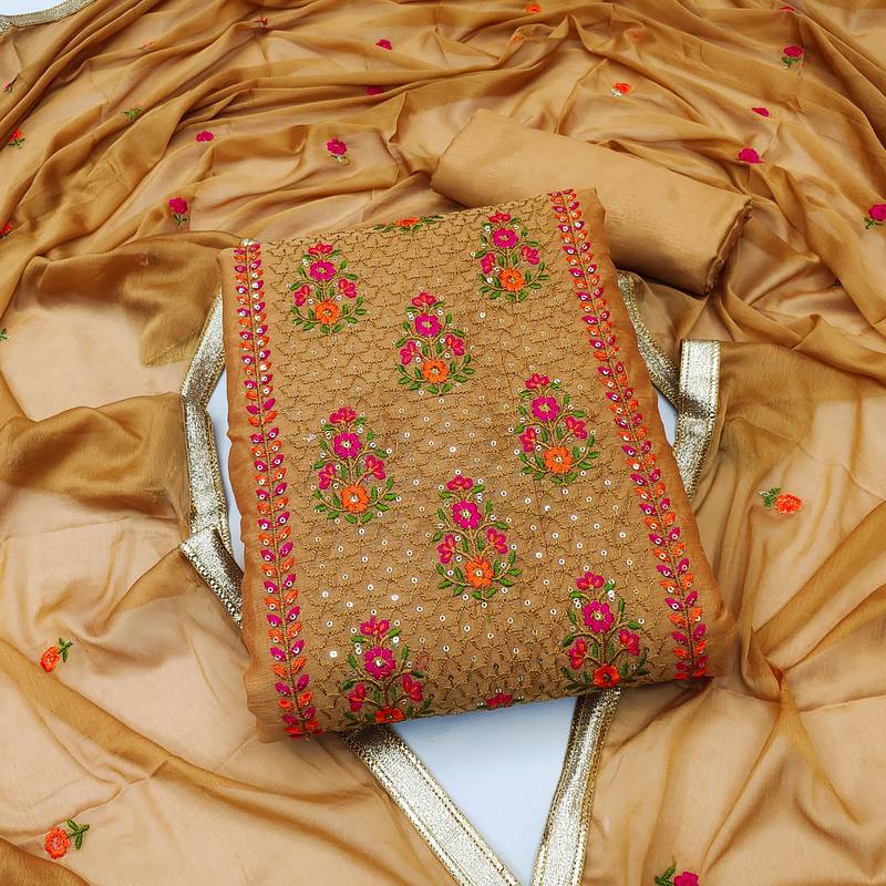 Mustard Chanderi Sequin Embroidered Dress Material